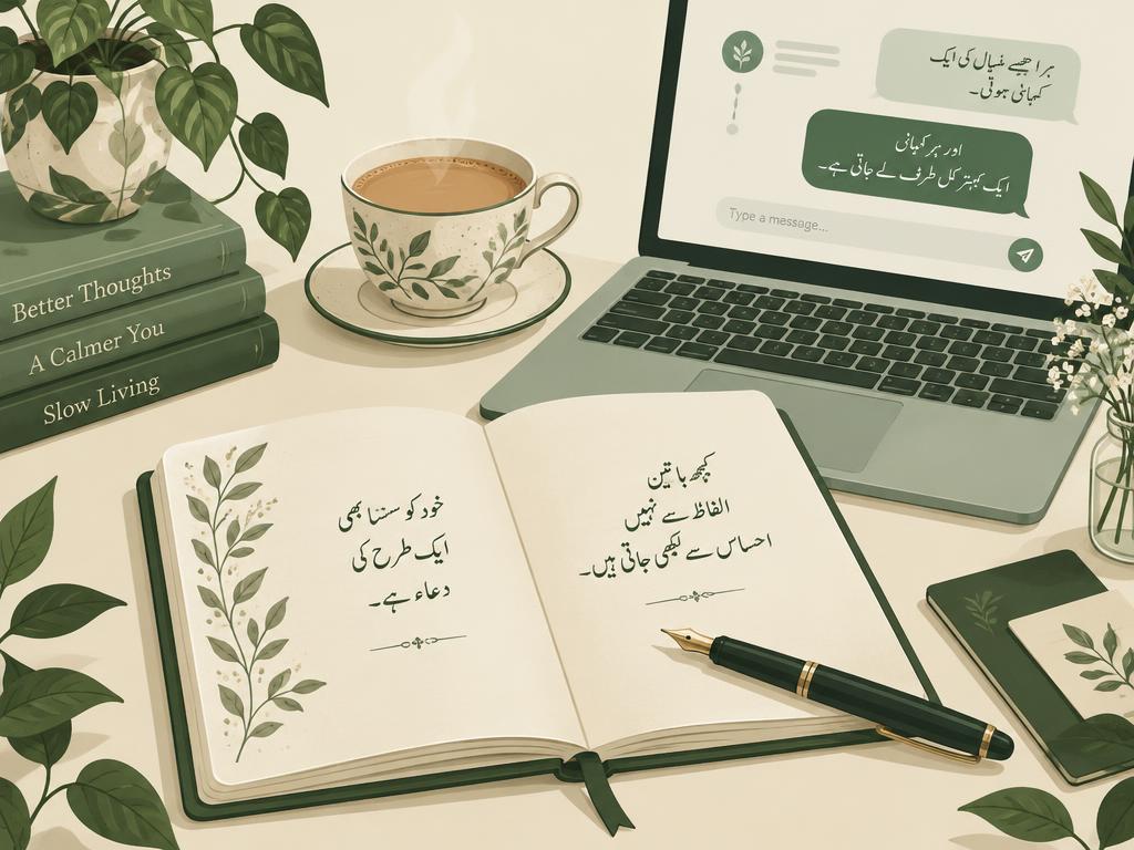 An Urdu journal, pen, chai and laptop